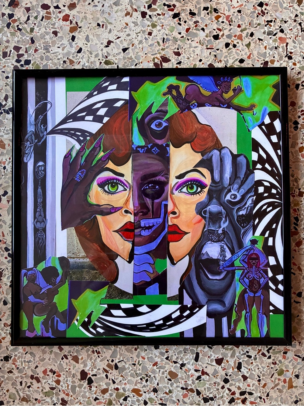 Surreal Dual-Face Pop Art Wall Canvas in Green, Purple, Black